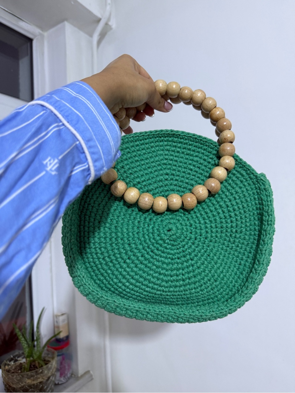 Green Crochet Mini Bag with Wooden Bead Handle